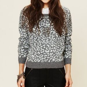 Free People Cool Cat Oversized Gray and White Animal Print Sweater Size S